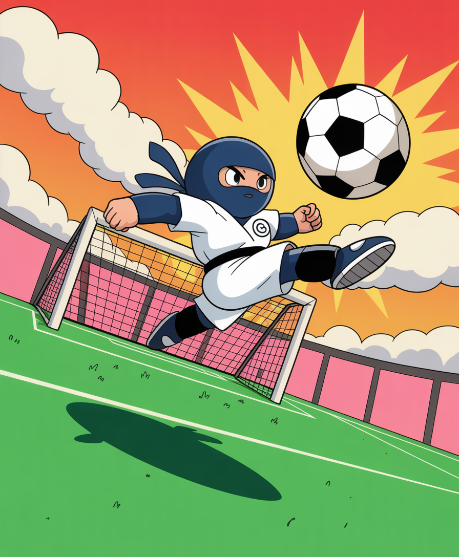 Cartoon ninja kicking a soccer ball